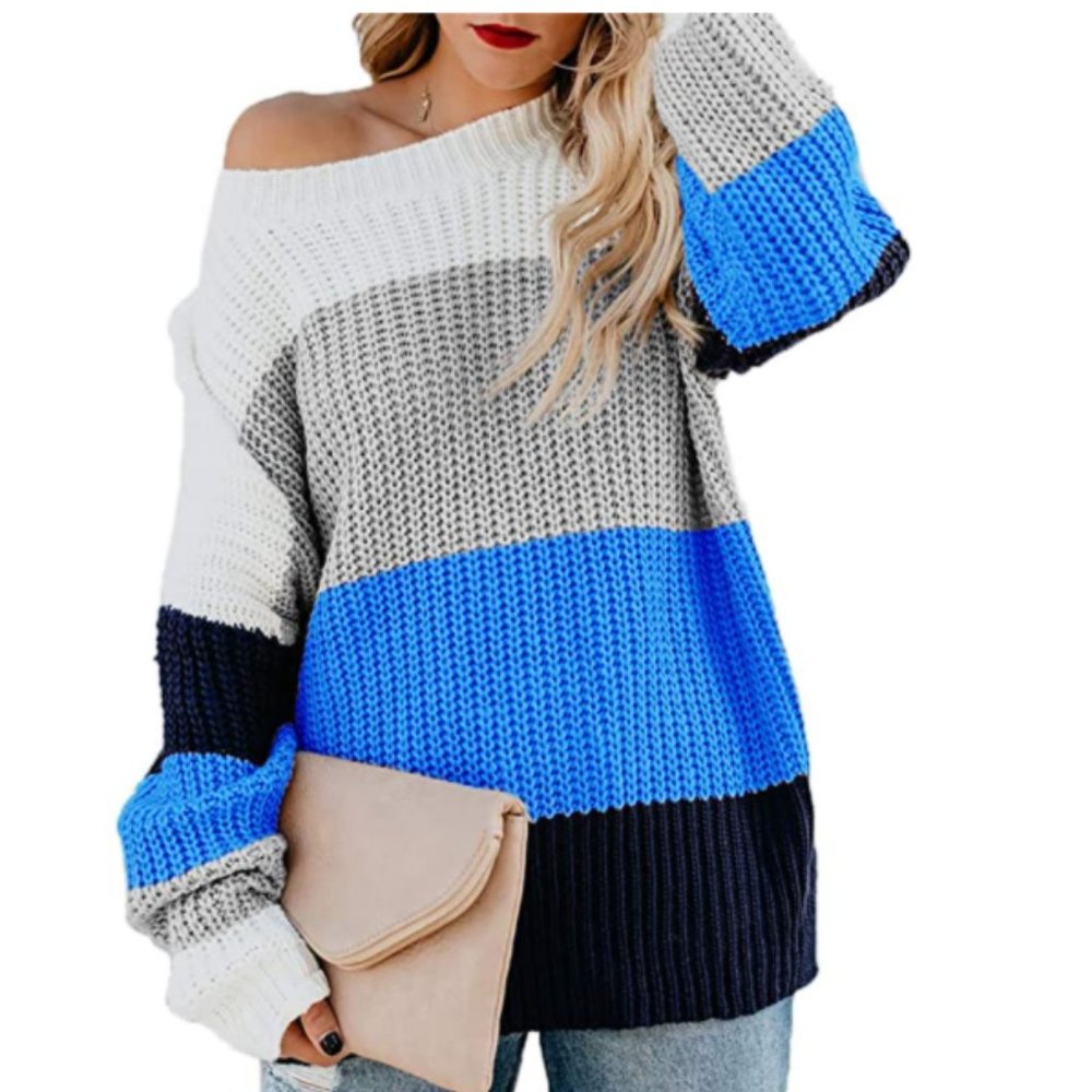 NWT Oversized Colorblock Knit Wide Neck Sweater - Picture 1 of 4